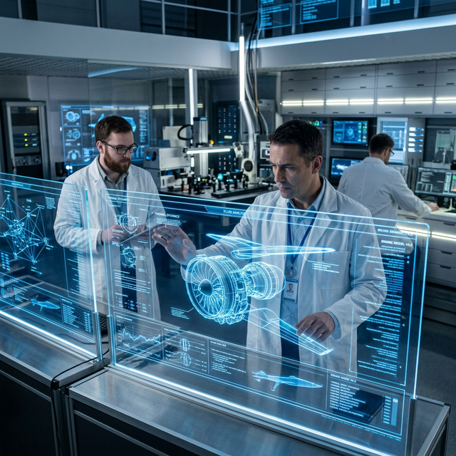 A sleek modern office with futuristic holographic displays showing data visualizations and AI neural networks